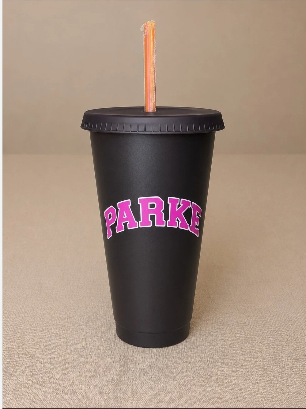 Parke × Dunkin  Brown Tumbler with Pink Logo and Orange Straw